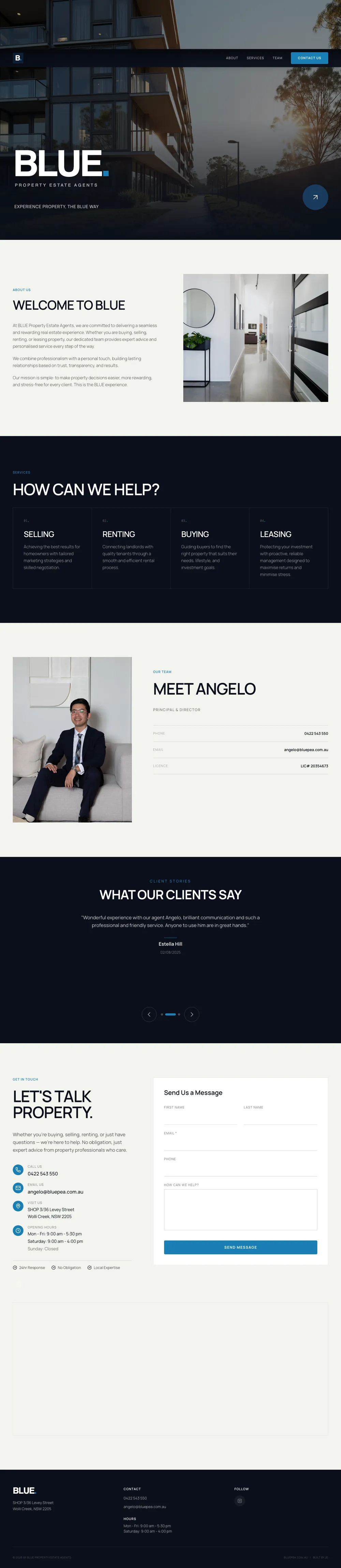 Full-page screenshot of the Blue. Property website