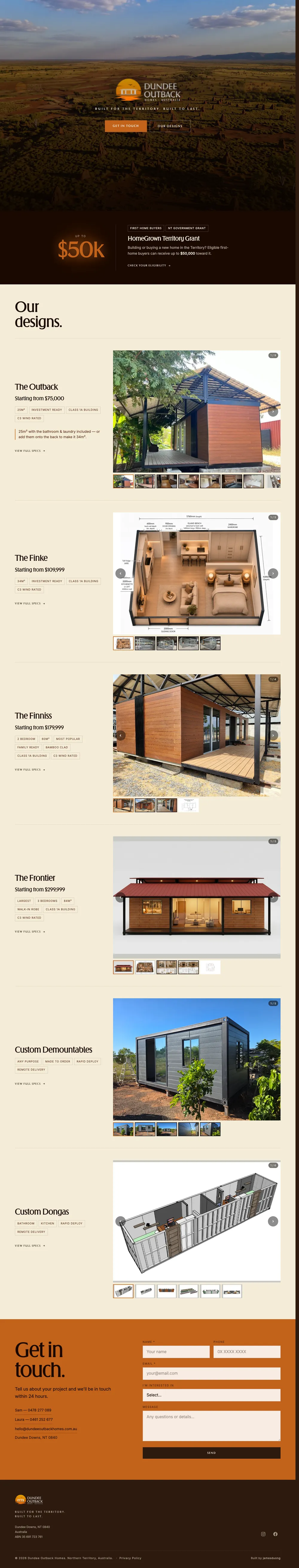 Full-page screenshot of the Dundee Outback Homes website