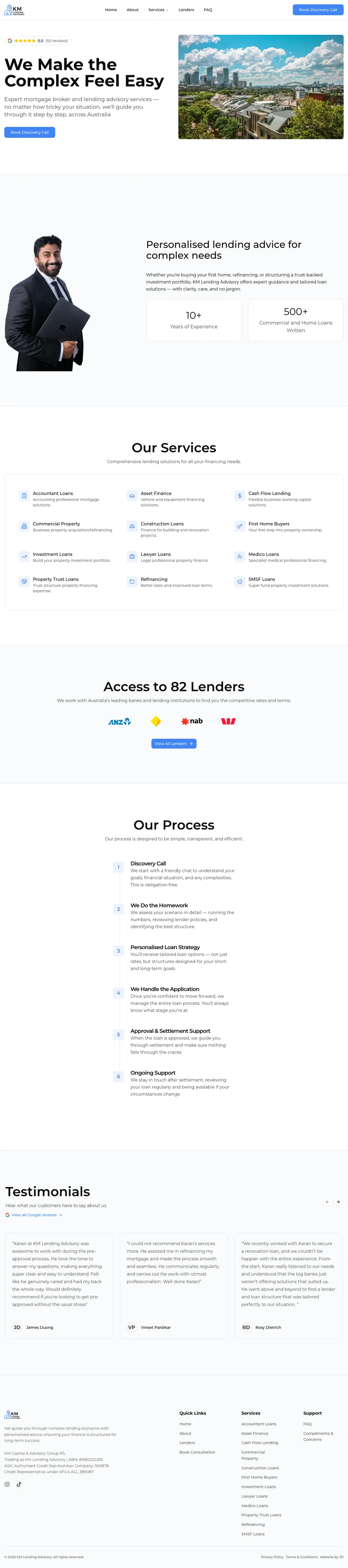 Full-page screenshot of the KML Lending Advisory website