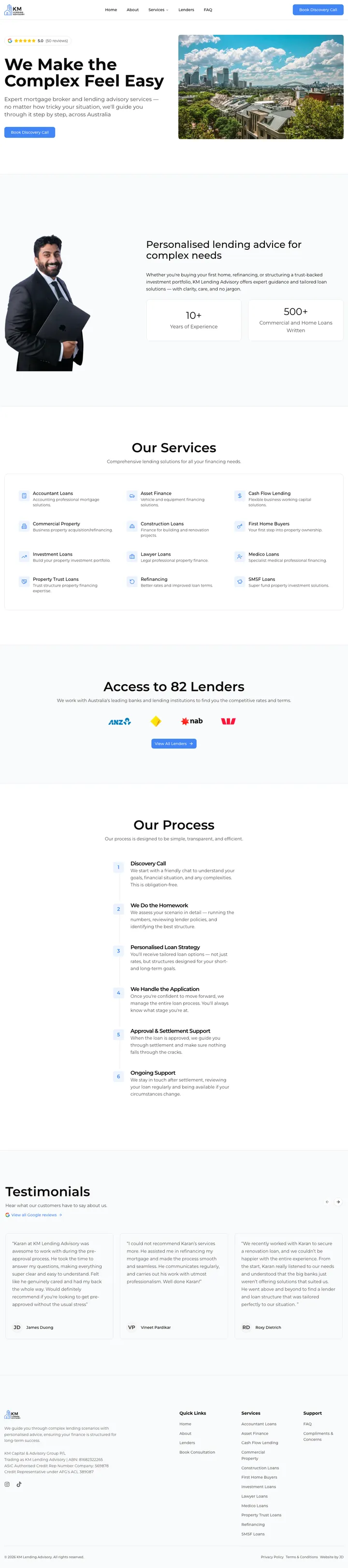 Full-page screenshot of the KML Lending Advisory website