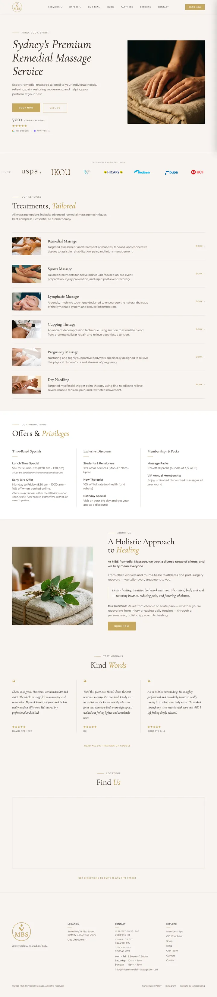 Full-page screenshot of the MBS Remedial Massage website